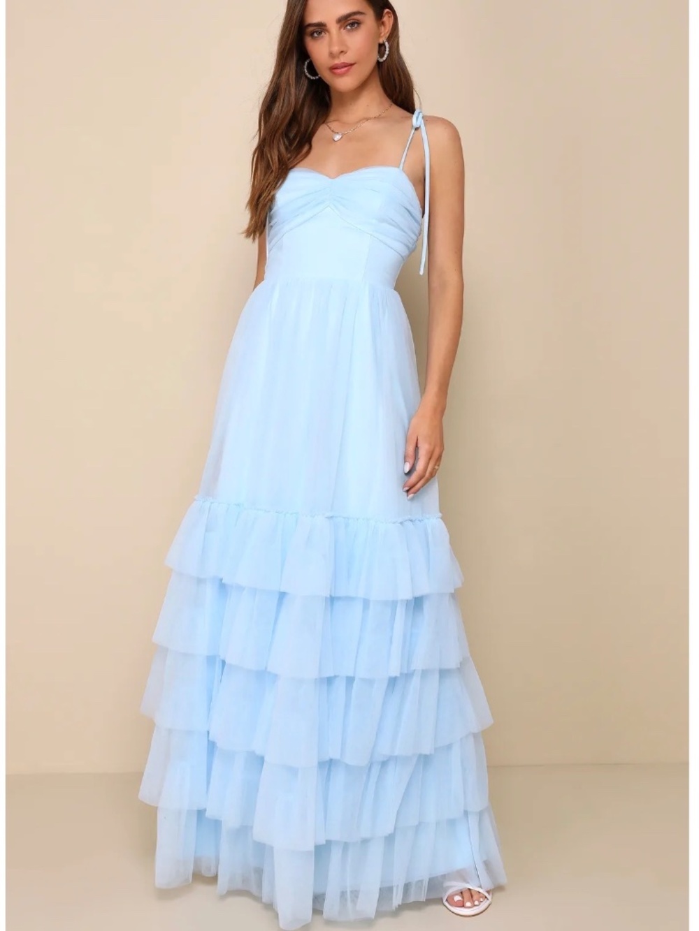 NWOT Lulus Endlessly Darling Light Blue Mesh Tiered Tie-Strap Maxi Dress S